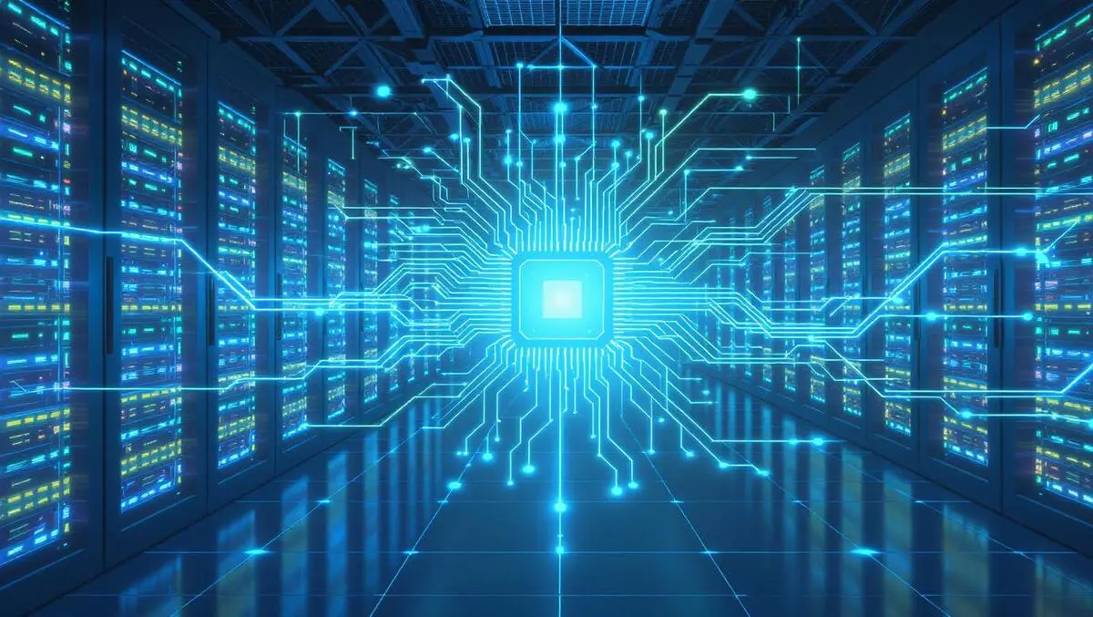 Data center glowing servers network classic silicon quantum circuits sea cityscape
