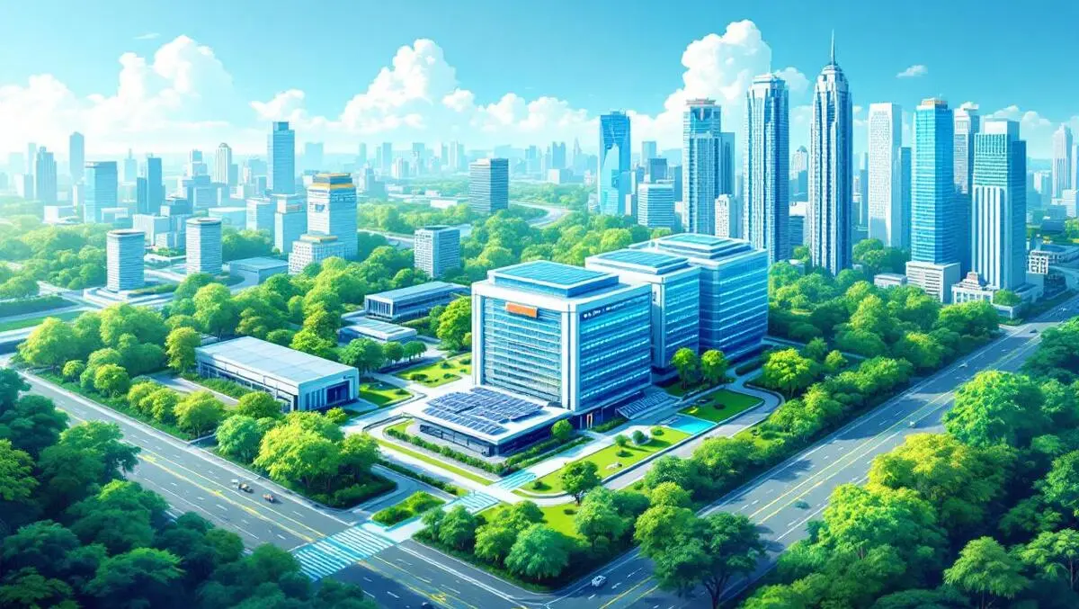Modern eco friendly data centre solar panels cooling towers tropical singapore cityscape