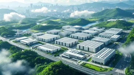 Aerial osaka data centre complex white buildings green hills city skyline
