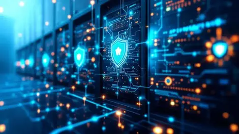 Ai data processing interconnected server racks digital shield cybersecurity