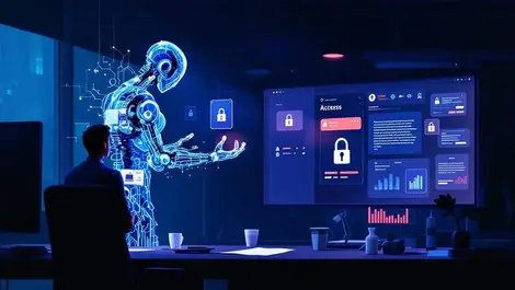 Ai figure hacking corporate access controls night security scene