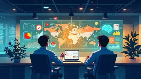 Asian professionals cybersecurity monitoring office ai brain network data