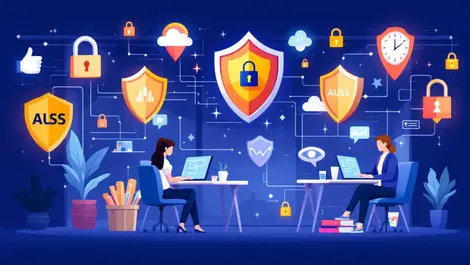 Australian office small business employees working computers digital security shields padlocks