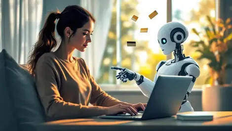 Australian woman ai assistant laptop shadowy hands credit fraud