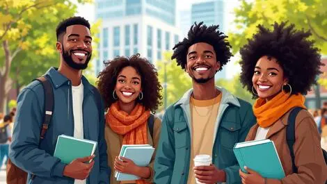 Black canadian students university campus holding books modern academic building