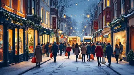 Bustling uk high street festive season shoppers holiday lights delivery vans