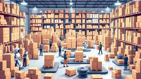 Busy warehouse uk logistics robots workers packages conveyor belts peak shopping