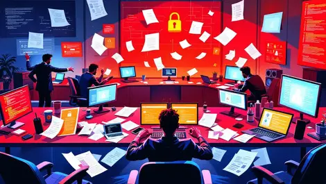 Chaotic office stressed professionals security alerts cybersecurity incident response us corporate