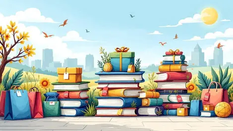 Colorful stacks of books sales tags shopping bags parcels australian landscape