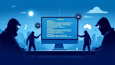 Computer screen deceptive captcha hacker malware icons australia new zealand cyber threat illustration