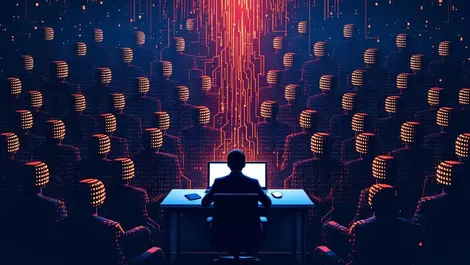 Digital illustration swarm faceless humanoid code circuit agents around businessperson computer cybersecurity threats