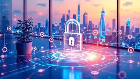 Digital lock ai network cybersecurity autonomous ai corporate office asia pacific cityscape