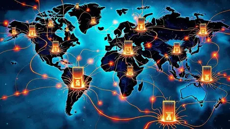 Global cyber attack illustration multiple computers servers chaotic lines energy