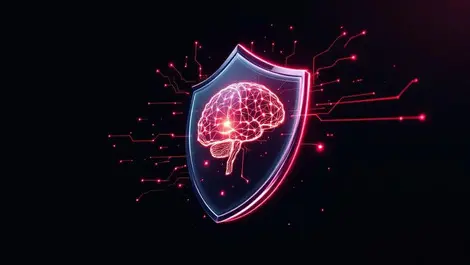 Glowing ai brain shield blocking red warning lines cybersec art