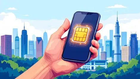 Hand holding smartphone digital sim card malaysia city landmarks vector