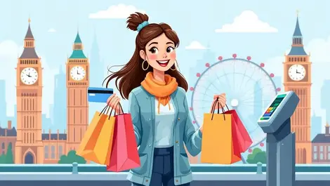 Happy shopper with shopping bags credit card next to epayment uk landmarks