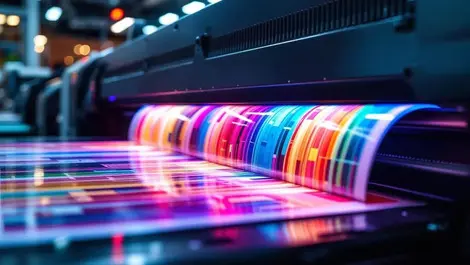 High tech commercial printing press vibrant colored sheets industrial equipment