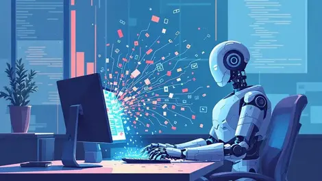 Humanoid robot spilling digital data at office computer data leakage