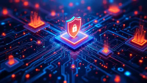 Interconnected digital data streams flowing into secure glowing shield