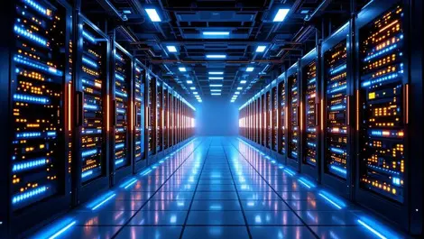 Modern data center advanced network servers glowing indicator lights ai infrastructure