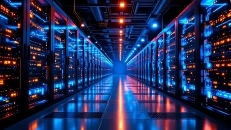Modern data center interior rows server racks glowing amd gpus advanced tech