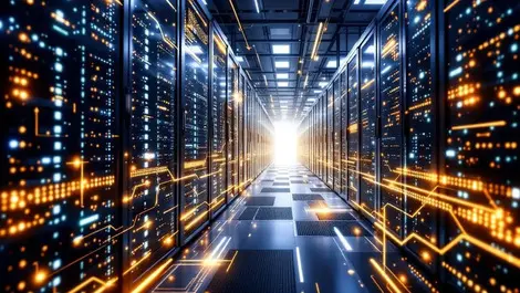 Modern data center interior with rows of server racks and glowing lights