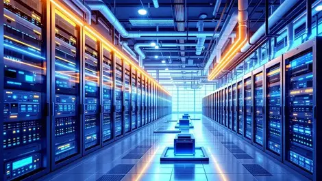 Modern data center server racks cooling systems energy efficient blue illustration