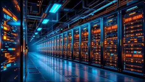 Modern data center server racks glowing servers network cables ai infrastructure