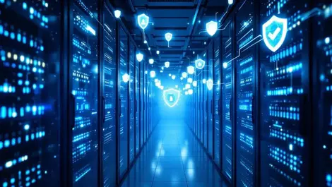 Modern data center server rooms cooling units digital security shield