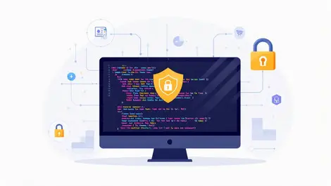 Modern flat illustration computer monitor code digital locks shields ai coding security