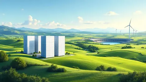 Modern nz countryside data center with wind turbines hydro dam