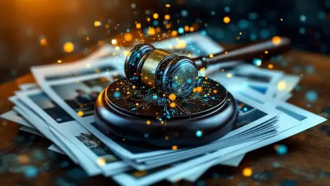 Photorealistic gavel on printed photos abstract digital data streams legal ai copyright