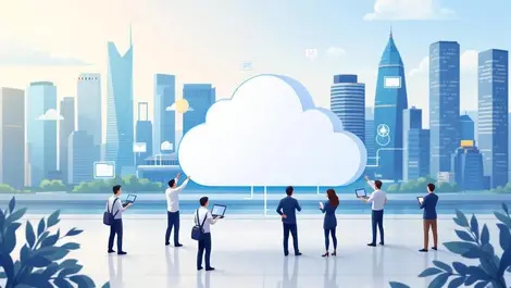 Professionals collaborating cloud computing digital devices singapore cityscape