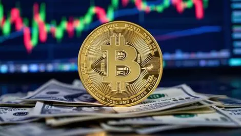 Realistic gold bitcoin coin on us dollar bills computer screens financial charts