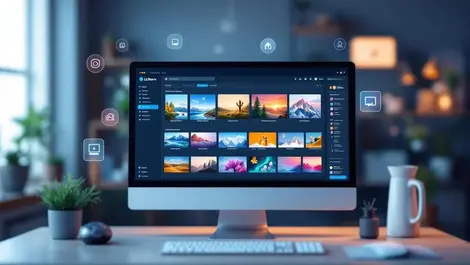 Realistic illustration computer screen digital library images videos ai tools workflow