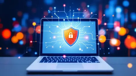 Realistic laptop shield icon digital network cybersecurity enterprise browser protection