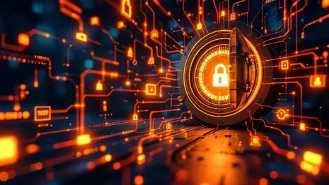 Realistic secure bank vault glowing encrypted data streams singapore
