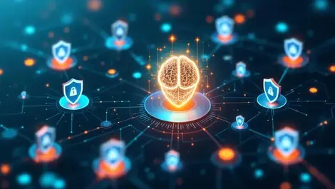 Secure digital network interconnected nodes shields central glowing ai brain advanced automation protecting enterprise data