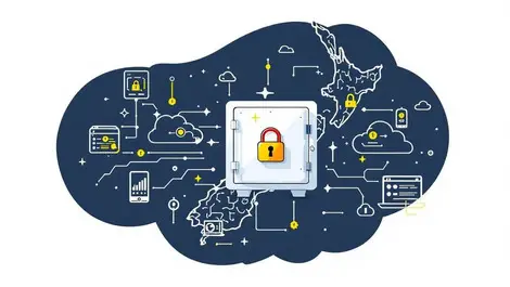 Secure digital vault cloud icons encrypted data new zealand map illustration