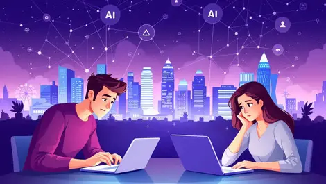 Singapore city skyline people with laptops smartphones ai network patterns curiosity concern