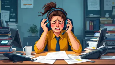 Stressed call centre agent headset cluttered desk ring phones paperwork australian office