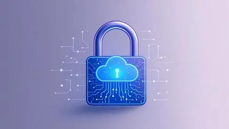 Strong digital padlock with circuit patterns and cloud shapes symbolizing advanced encryption ai protection