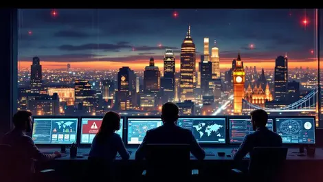 Uk nighttime office cybersecurity analysts monitoring london attacks
