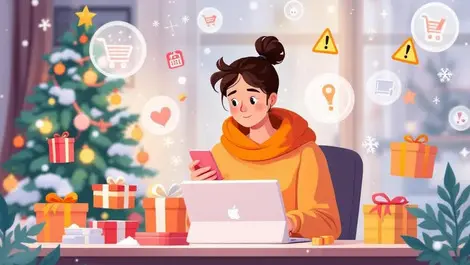 Young british shopper online holiday deals winter shopping icons warning